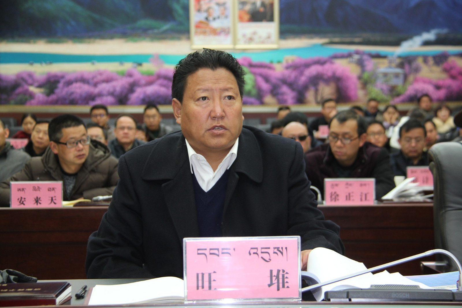 图为市委副书记,政府市长旺堆出席市组织收听收看的全区法治政府建设